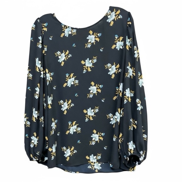 Loft Women's Size L Blouse Top Long Sleeve Blue Floral Polyester Crew Neck - Picture 3 of 11